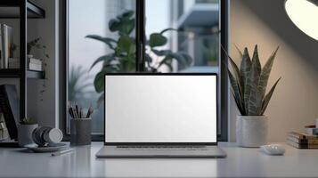 Laptop on desk with blank screen mockup photo