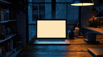A laptop sitting on a desk in front of a lamp photo