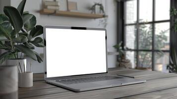 Laptop on wooden table with blank screen photo
