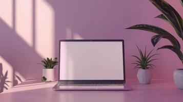 Laptop on desk with potted plants and a window photo