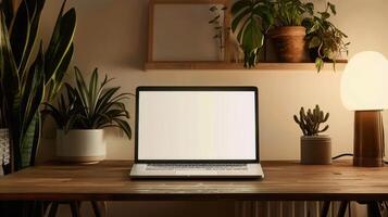 Laptop on wooden table with potted plants photo