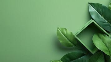 Green leaves and a cube on a green background photo