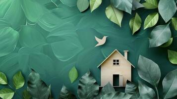 Green house with bird on the tree background, 3d illustration photo
