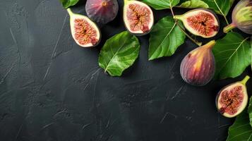 Figs on a black background with leaves photo