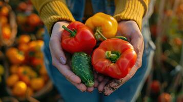 A person holding a bunch of peppers and tomatoes photo