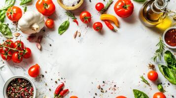 Fresh tomatoes, garlic, basil, and other ingredients on a white background photo
