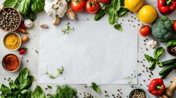 Fresh vegetables and herbs surrounded by a blank paper photo