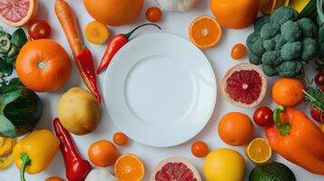 A white plate surrounded by various fruits and vegetables photo