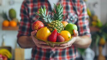 A man holding a basket of fruit in his hands photo