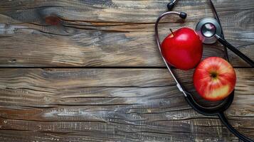 An apple and stethoscope on a wooden table photo