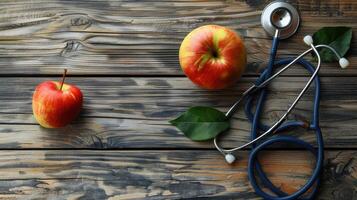 A stethoscope and an apple on a wooden table photo
