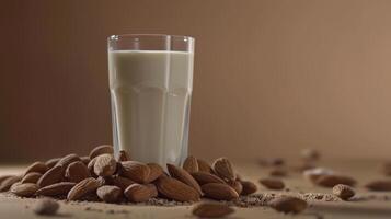 Almond milk in a glass with almonds on a brown background photo