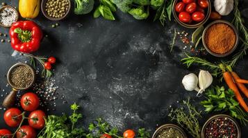 Fresh vegetables and herbs on a black background photo