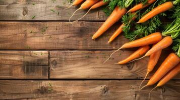 A bunch of carrots on a wooden table photo