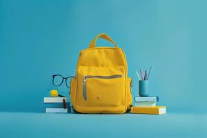 Backpack, glasses, and books on blue background photo