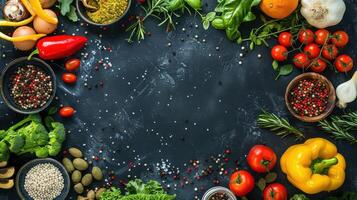Fresh vegetables and herbs on a black background photo