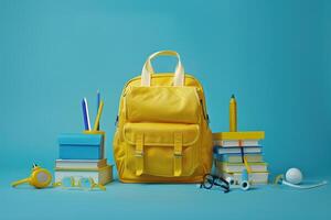 Backpack with school supplies on blue background photo