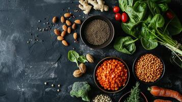 Various vegetables and beans in bowls on a black background photo