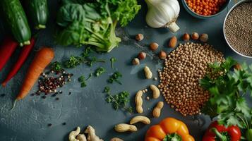 Vegetables and beans on a dark table photo