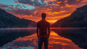 A man standing in front of a lake at sunset photo