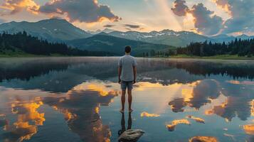 A man standing in the middle of a lake at sunset photo
