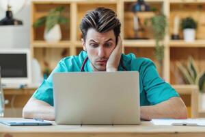 A man in a green shirt is sitting at a desk with a laptop photo