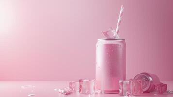A pink drink with ice cubes and a straw photo