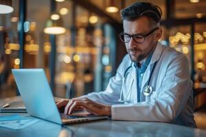 A male doctor in a lab coat is working on his laptop photo