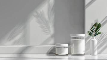 White jars with white liquid and a plant photo