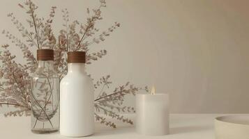 A white candle, a bottle and a vase of dried flowers photo