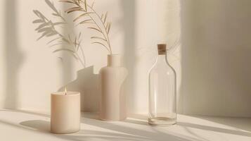 A bottle, candle and plant are sitting on a table photo