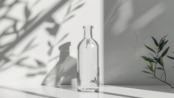 A bottle of water sits on a table with a plant photo