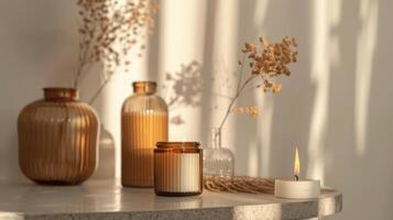 Candles and vases sit on a table in front of a window photo