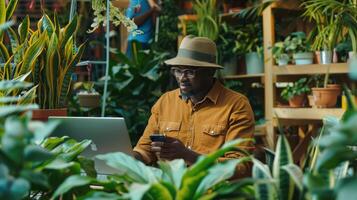 A man in a hat and brown shirt sitting in front of a laptop photo