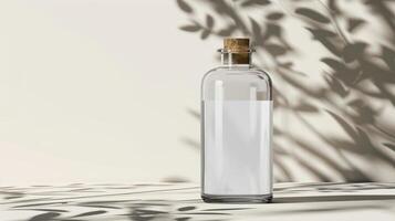 A bottle of water with a cork on the table photo