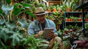 Man in hat and glasses using tablet in garden photo