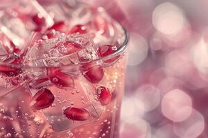 Pomegranate juice with ice cubes on pink background photo