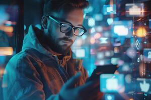 A man in glasses is looking at his phone photo