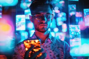A man in glasses holding a cell phone in front of a colorful background photo
