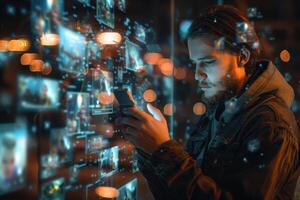 A man is looking at his phone while looking at a screen with many icons photo