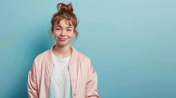 A girl in a pink jacket posing for the camera photo