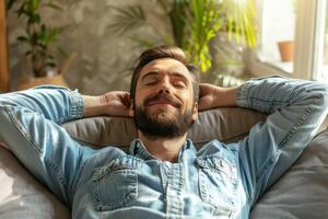 A man is relaxing on a couch photo