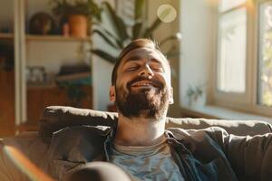 A man with a beard and glasses is smiling while sitting on a couch photo