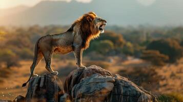 The lion is standing on top of a rock in the middle of a field photo