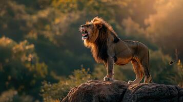 A lion is standing on a rock with its mouth open photo