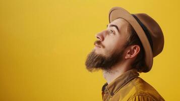 A man with a beard and hat looking up photo