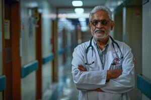 An older man in a white coat standing in a hallway photo