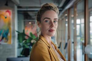 A woman in an office looking at the camera photo