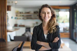 A woman standing in front of a dining room table photo