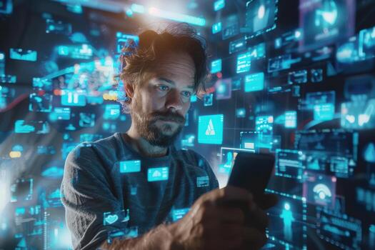 A man is looking at a smartphone screen with a lot of icons photo